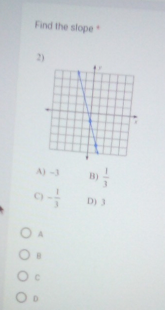 Find the slope *
2)
A) -3 B)  1/3 
C) - 1/3  D) 3
A
B
C
D