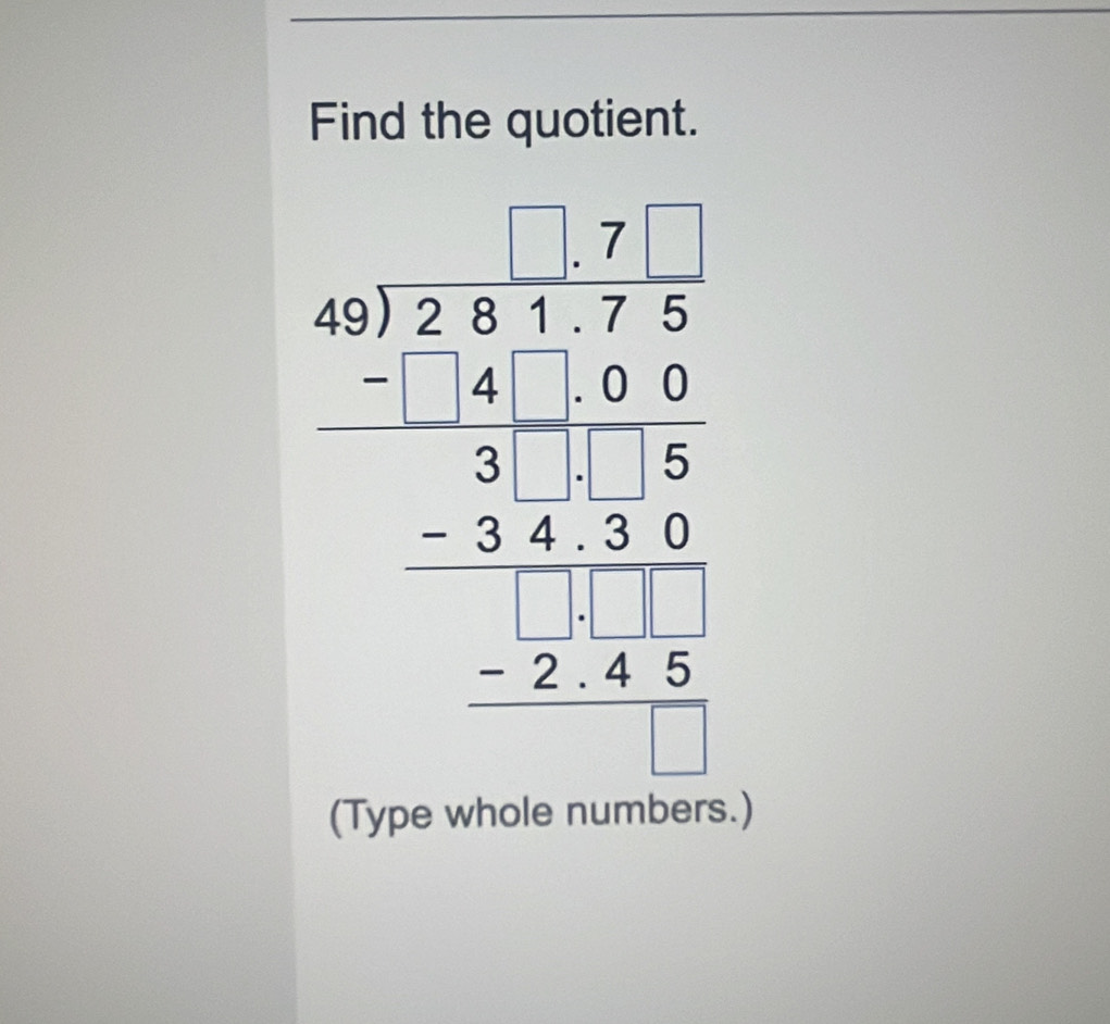 Find the quotient.
frac beginarrayr 13encloselongdiv 2encloselongdiv 17endarray *  1/6.5  - 1/5 *  16/1 hline -5 hline -11 -1 *  1/5 endarray 