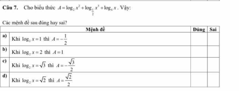 Cho biểu thức A=log _2x^2+log _ 1/2 x^3+log _4x. Vậy:
a
b
c
d