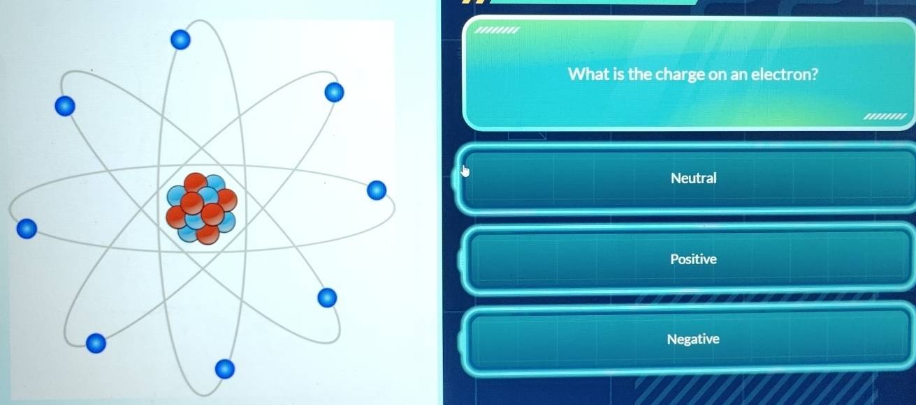 ...'.'''
What is the charge on an electron?
''''''''
Neutral
Positive
Negative