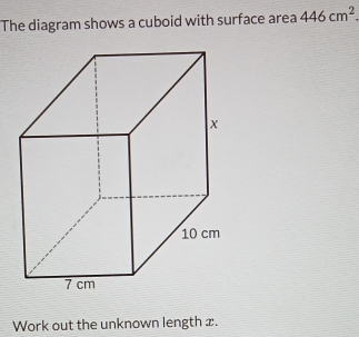 The diagram shows a cuboid with surface area 446cm^2. 
Work out the unknown length x.