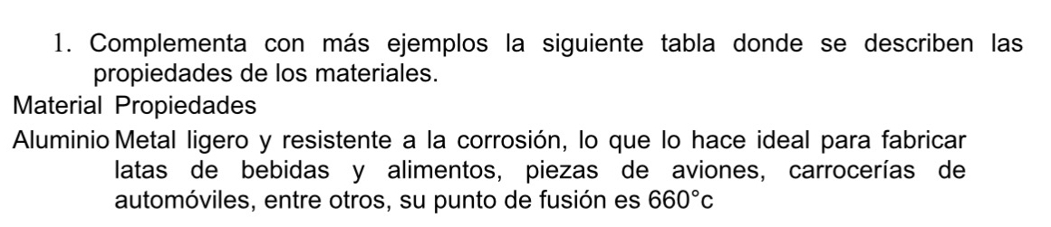 Complementa con más ejemplos la siguiente tabla donde se describen las 
propiedades de los materiales. 
Material Propiedades 
AluminioMetal ligero y resistente a la corrosión, lo que lo hace ideal para fabricar 
latas de bebidas y alimentos, piezas de aviones, carrocerías de 
automóviles, entre otros, su punto de fusión es 660°c