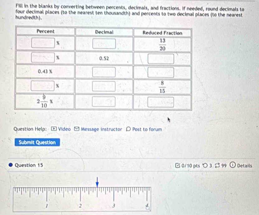 Fill in the blanks by converting between percents, decimals, and fractions. If needed, round decimals to
four decimal places (to the nearest ten thousandth) and percents to two decimal places (to the nearest
hundredth).
Question Help: *  Vídeo Message instructor D Post to forum
Submit Question
Question 15 B 0/10 pts つ 3 $ 99 Details
2 3