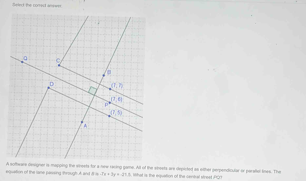 Select the correct answer.
A software designer is mapping the streets for a new racing game. All of the streets are depicted as either perpendicular or parallel lines. The
equation of the lane passing through A and B is -7x+3y=-21.5. What is the equation of the central street PQ?