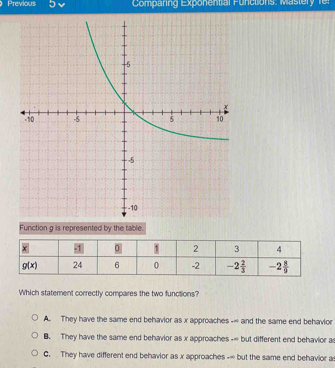 Previous 5 v  Comparing Exponential Functions: Mastery fe:
Function g is represented by the table.
Which statement correctly compares the two functions?
A. They have the same end behavior as x approaches -∞ and the same end behavior
B. They have the same end behavior as x approaches -∞ but different end behavior as
C. They have different end behavior as x approaches -∞ but the same end behavior as