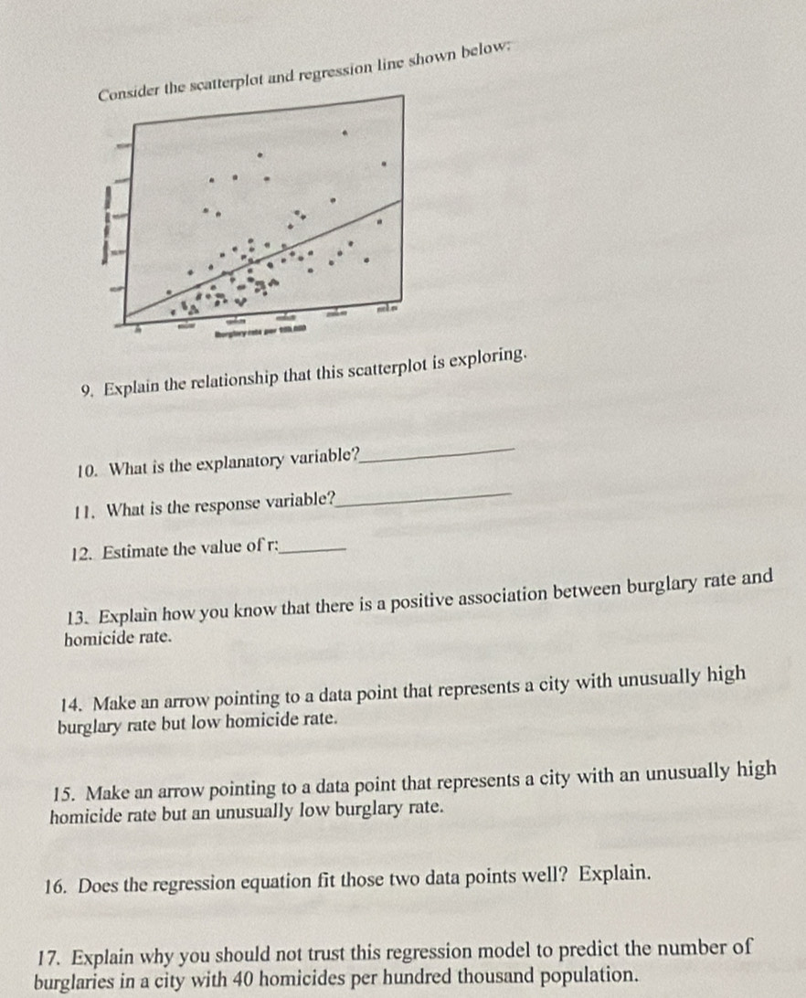 Consider the scatterplot and regression line shown below:
4 sel n 
9. Explain the relationship that this scatterplot is exploring. 
10. What is the explanatory variable? 
_ 
11. What is the response variable? 
_ 
12. Estimate the value of r :_ 
13. Explain how you know that there is a positive association between burglary rate and 
homicide rate. 
14. Make an arrow pointing to a data point that represents a city with unusually high 
burglary rate but low homicide rate. 
15. Make an arrow pointing to a data point that represents a city with an unusually high 
homicide rate but an unusually low burglary rate. 
16. Does the regression equation fit those two data points well? Explain. 
17. Explain why you should not trust this regression model to predict the number of 
burglaries in a city with 40 homicides per hundred thousand population.