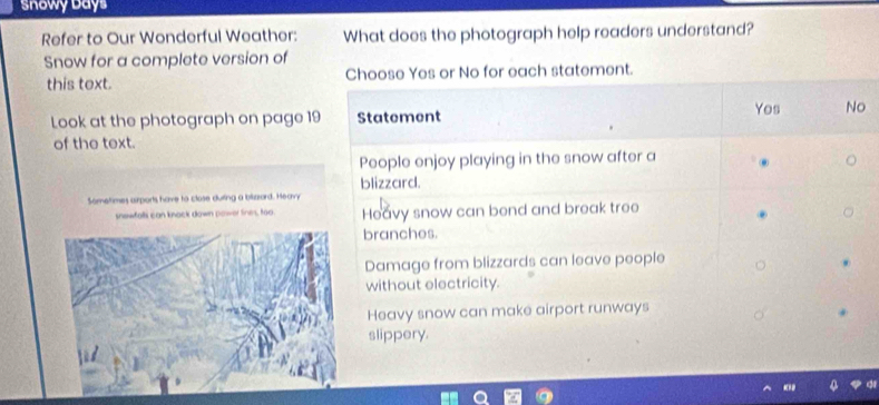 snowy Days
Refer to Our Wonderful Weather: What does the photograph help readers understand?
Snow for a complete version of
this text. Choose Yes or No for each statement.
Yos No
Look at the photograph on page 19 Statement
of the text.
People enjoy playing in the snow after a
blizzard.
Sometimes airports have to close durting a biliazard. Heavy
snowfalls can knack down power lines, too. Heavy snow can bend and break tree
branches.
Damage from blizzards can leave people
without electricity.
Heavy snow can make airport runways
slippery.