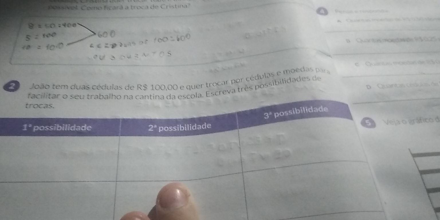 Cossivel Como ficará a troca de Cristina?
a Peras e ripnnê
Quart an mcentan de R S 090 so e
B  Quantas moeas de R S  0, 25
c Quantas moedas de R5 
2 João tem duas cédulas de R$ 100,00 e quer trocar por cédulas e moedas para
D Quantas cédulas de
eva três possibilidades de
o d