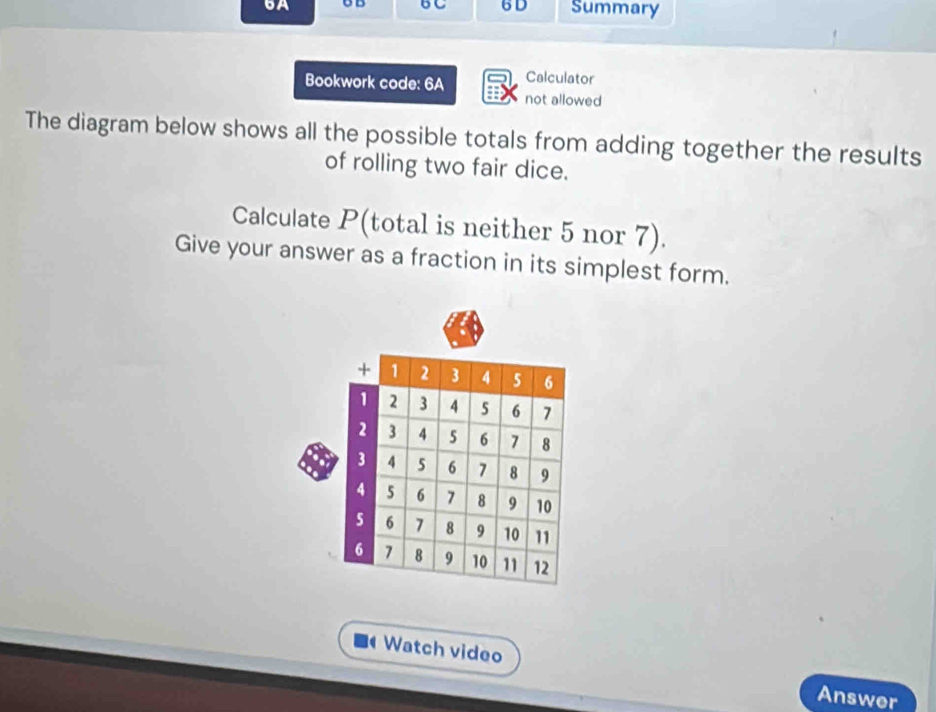 GA oD 6C 6D Summary 
Bookwork code: 6A Calculator 
not allowed 
The diagram below shows all the possible totals from adding together the results 
of rolling two fair dice. 
Calculate P (total is neither 5 nor 7). 
Give your answer as a fraction in its simplest form. 
Watch video Answer