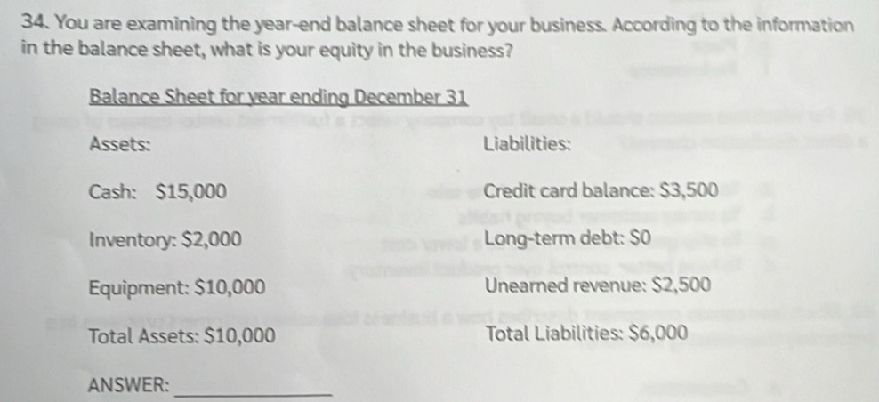 You are examining the year -end balance sheet for your business. According to the information 
in the balance sheet, what is your equity in the business? 
Balance Sheet for year ending December 31 
Assets: Liabilities: 
Cash: $15,000 Credit card balance: $3,500
Inventory: $2,000 Long-term debt: $0
Equipment: $10,000 Unearned revenue: $2,500
Total Assets: $10,000 Total Liabilities: $6,000
ANSWER:_