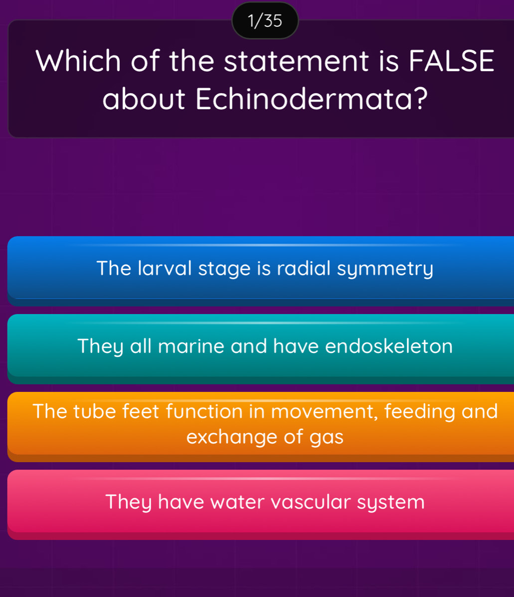 1/35
Which of the statement is FALSE
about Echinodermata?
The larval stage is radial symmetry
They all marine and have endoskeleton
The tube feet function in movement, feeding and
exchange of gas
They have water vascular system