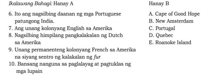 Ikalawang Bahagi: Hanay A Hanay B
6. Ito ang nagsilbing daanan ng mga Portuguese A. Cape of Good Hope
patungong India. B. New Amsterdam
7. Ang unang kolonyang English sa Amerika C. Portugal
8. Nagsilbing himpilang pangkalakalan ng Dutch D. Quebec
sa Amerika E. Roanoke Island
9. Unang permanenteng kolonyang French sa Amerika
na siyang sentro ng kalakalan ng fur
10. Bansang nanguna sa paglalayag at pagtuklas ng
mga lupain