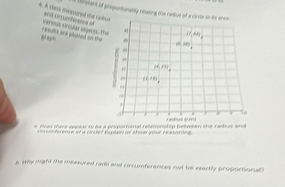 a
a canstant of proportionality relating the radius of a ci
A. A class measured the radi
and circumference of
various circular objects. Th
results are plotted on the
graph.
a. Boes there appear to be a proportional relationship between the radius and
Eircumference of a circle? Eplain or show your reasoning
b. Why might the measured radil and circumferences not be eactly proportional