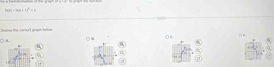 a f or at of h g y=x° graph the function
h(x)=5(x+1)^5+3
∞ 
Choose the correct graph below 
D. 
A. 
B. 
C.