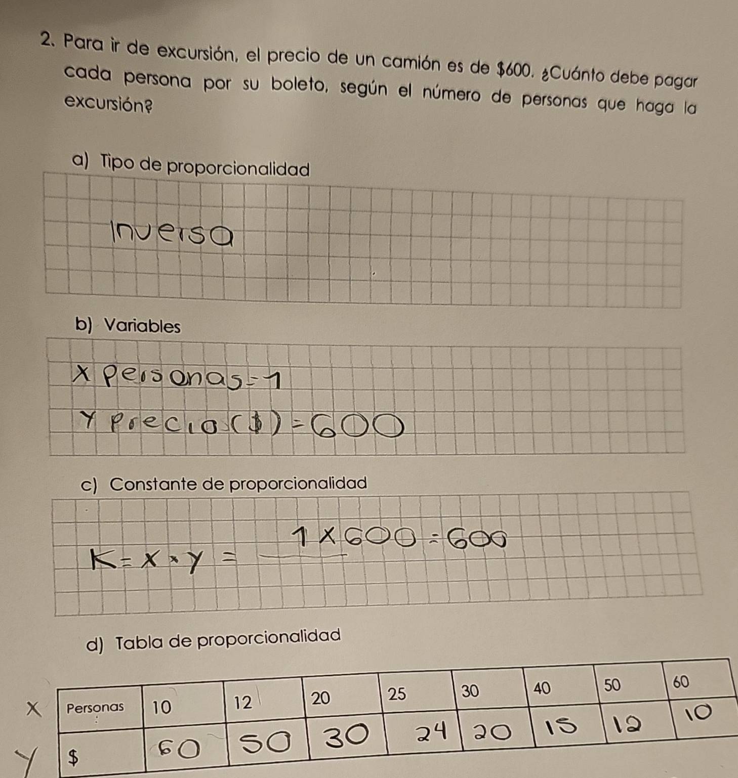 Para ir de excursión, el precio de un camión es de $600. ¿Cuánto debe pagar
cada persona por su boleto, según el número de personas que haga la
excursión?
a) Tipo de proporcionalidad
b) Variables
c) Constante de proporcionalidad
d) Tabla de proporcionalidad