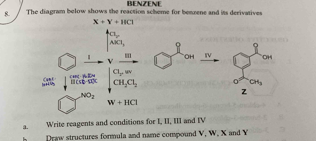 BENZENE 
8. The diagram below shows the reaction scheme for benzene and its derivatives
X+Y+HCl
Cl_2,
AlCl_3
。 
I 
III OH IV OH 
Conc conc· H_2SO_4 Cl_2,uv
HNU3 prodlimits (5widehat b-55)C CH_2Cl_2 CH_3
NO_2
Z
W+HCl
a. Write reagents and conditions for I, II, III and IV 
h Draw structures formula and name compound V, W, X and Y