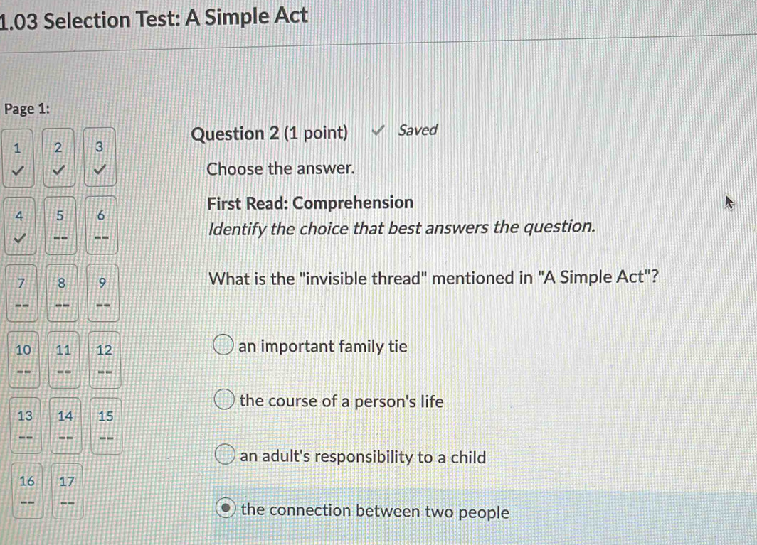 Solved: 1.03 Selection Test: A Simple Act Page 1: Question 2 (1 point ...