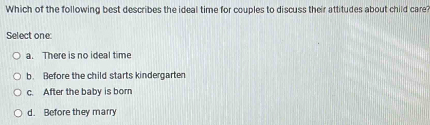 Which of the following best describes the ideal time for couples to discuss their attitudes about child care?
Select one:
a. There is no ideal time
b. Before the child starts kindergarten
c. After the baby is born
d. Before they marry