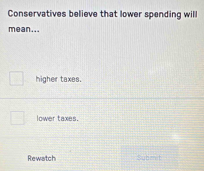 Conservatives believe that lower spending will
mean...
higher taxes.
lower taxes.
Rewatch Submit