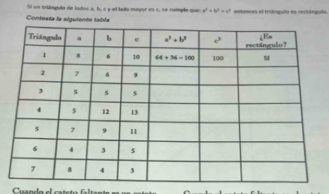 Si un triángulo de lados a, b, c γ el lado mayor es c, se cumple que: a^2+b^2=c^2 entonces el triángulo es rectángulo.
Contesta la siguiente tabla
Cuando el cateto faltante