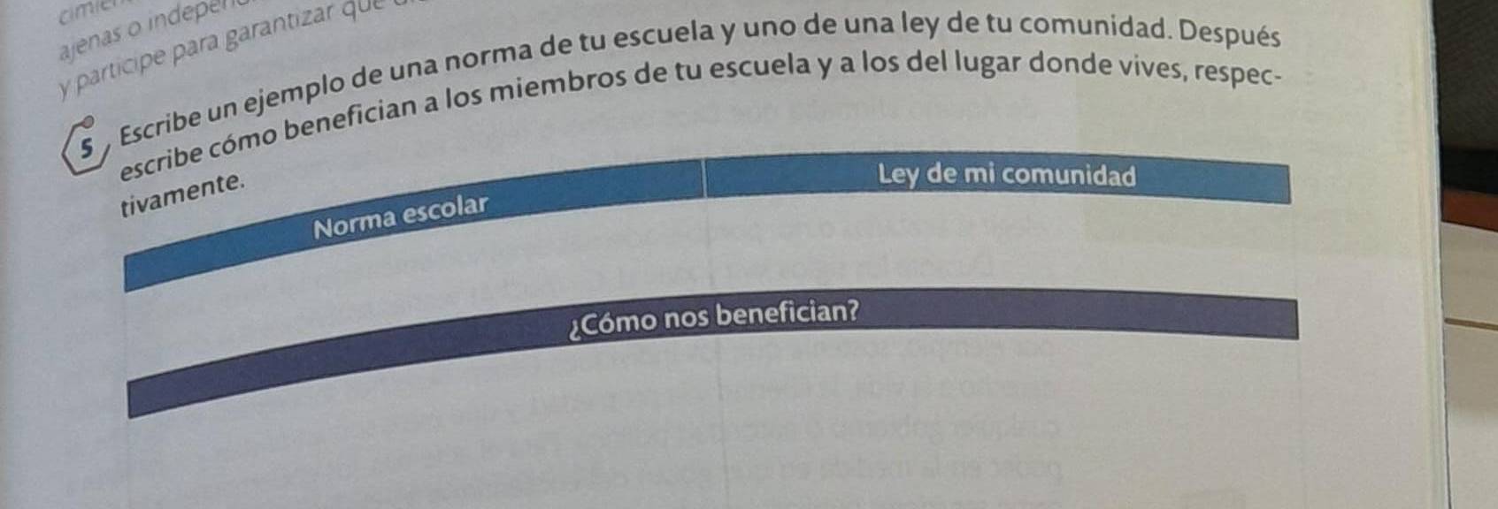 cimier 
ajenas o indepen 
y participe para garantizar que
5 % Escribe un ejemplo de una norma de tu escuela y uno de una ley de tu comunidad. Después 
escribe cómo benefician a los miembros de tu escuela y a los del lugar donde vives, respec- 
tivamente. 
Ley de mi comunidad 
Norma escolar 
¿Cómo nos benefician?