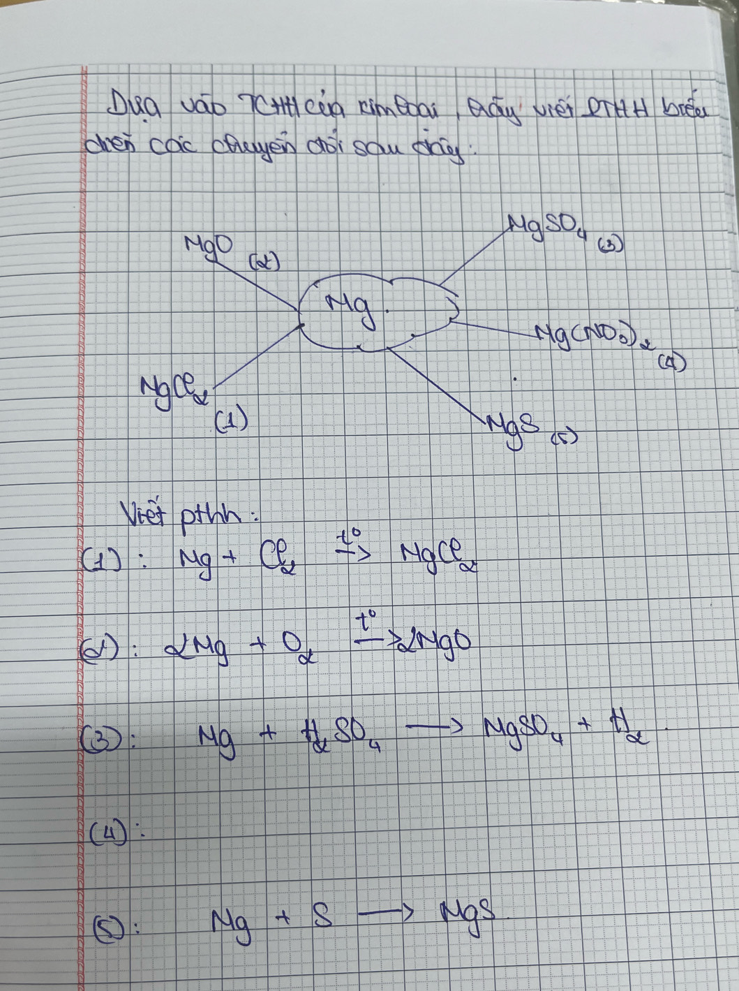 Quq váo 7CHcèn ximeai Qág véi DTH beéa
chen cac chayen doi sau thn
Viet othh:
(1):Mg+Cl_2xrightarrow t°MgCl_2
(: alpha Mg+Oalpha xrightarrow t°2MgO
③: Mg+H_alpha SO_4to MgSO_4+H_alpha 
(4):
(: Mg+Sto MgS