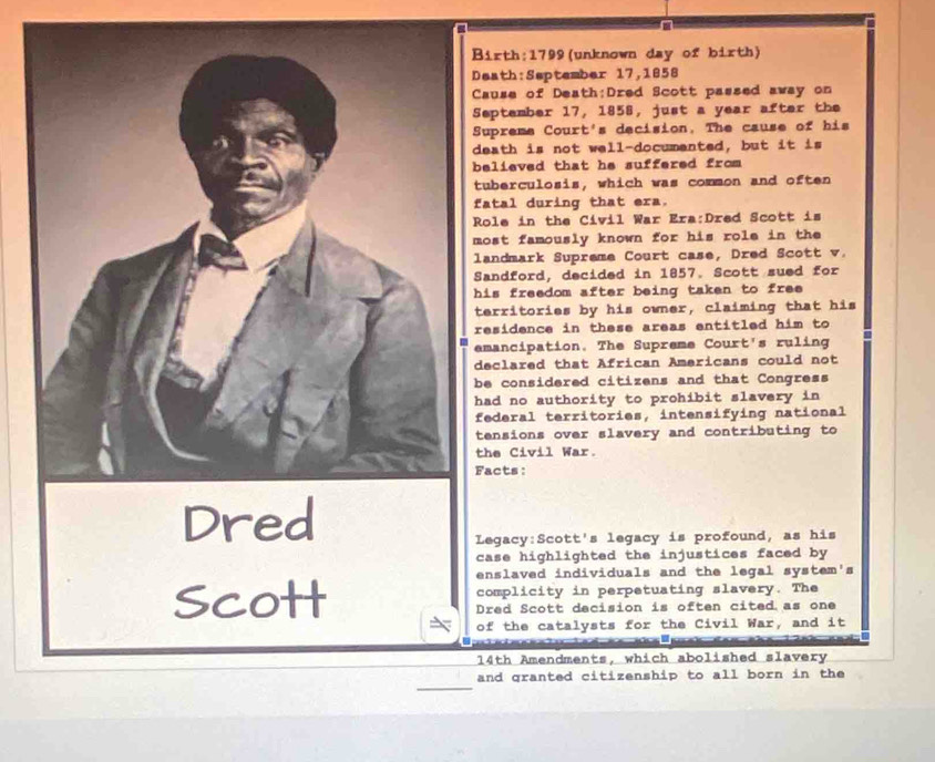 Birth: 1799 (unknown day of birth) 
eath:September 17,1858 
ause of Death:Dred Scott passed away on 
September 17, 1858, just a year after the 
Supreme Court's decision. The cause of his 
eath is not well-documented, but it is 
elieved that he suffered from 
tuberculosis, which was common and often 
fatal during that era. 
Role in the Civil War Era:Dred Scott is 
ost famously known for his role in the 
landmark Supreme Court case, Dred Scott v. 
Sandford, decided in 1857. Scott sued for 
his freedom after being taken to free 
territories by his owner, claiming that his 
residence in these areas entitled him to 
emancipation. The Supreme Court's ruling 
declared that African Americans could not 
be considered citizens and that Congress 
had no authority to prohibit slavery in 
federal territories, intensifying national 
tensions over slavery and contributing to 
the Civil War. 
Facts : 
Legacy:Scott's legacy is profound, as his 
case highlighted the injustices faced by 
enslaved individuals and the legal system's 
complicity in perpetuating slavery. The 
Dred Scott decision is often cited as one 
of the catalysts for the Civil War, and it 
ee
14th Amendments, which abolished slavery 
and granted citizenship to all born in the