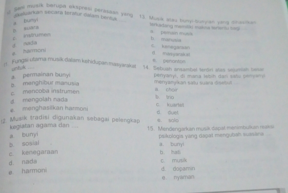 Seni musik berupa ekspresi perasaan yand 13. Musik atau bunyi-bunyian yang dihasilkan
a bunyi
` keluarkan secara teratur dalam bentuk '' terkadang memiliki makna tertentu bagi
b. suara
c. instrumen
a pemain musik
b manusia
d. nada
c. kenegaraan
e. harmoni
d. masyarakal
e. penonton
:1 Fungsi utama musik dalam kehidupan masyarakat 14. Sebuah ansambel terdiri atas sejumlah besar
untuk ....
a. permainan bunyi penyanyi, di mana lebih dari satu penyan
b. menghibur manusia menyanyikan satu suara disebut .
c. mencoba instrumen a. choir
d. mengolah nada
b trio
e. menghasilkan harmoni c. kuartet
d. duet
†2. Musik tradisi digunakan sebagai pelengkap e. solo
kegiatan agama dan ....
15. Mendengarkan musik dapat menimbulkan reaksi
a. bunyi
psikologis yang dapat mengubah suasana ....
b. sosial
a. bunyi
c. kenegaraan b. hati
d. nada c. musik
e. harmoni d. dopamin
e. nyaman