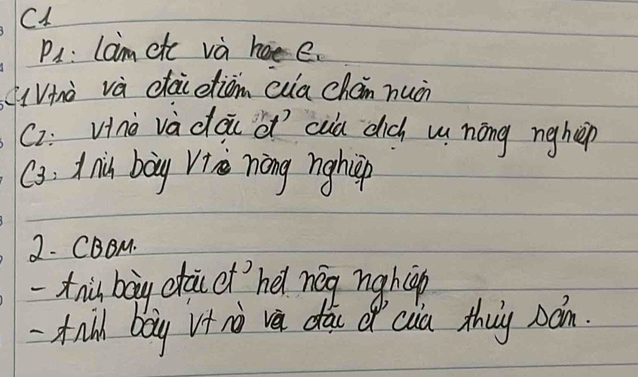 C1 
PA: Lam etc va h e. 
iVnà và dai etiom cua chan nuàn 
C2: Hinò va dāi s cua dich u nōng nghep 
(3. A nis boy Vi nàng nghiè 
2. CBOM. 
-tnis boy cai et `hel nág nahip 
*nll boy vf no v dàu cia thug bàn.