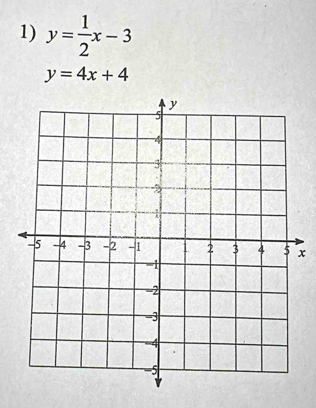 y= 1/2 x-3
y=4x+4
x