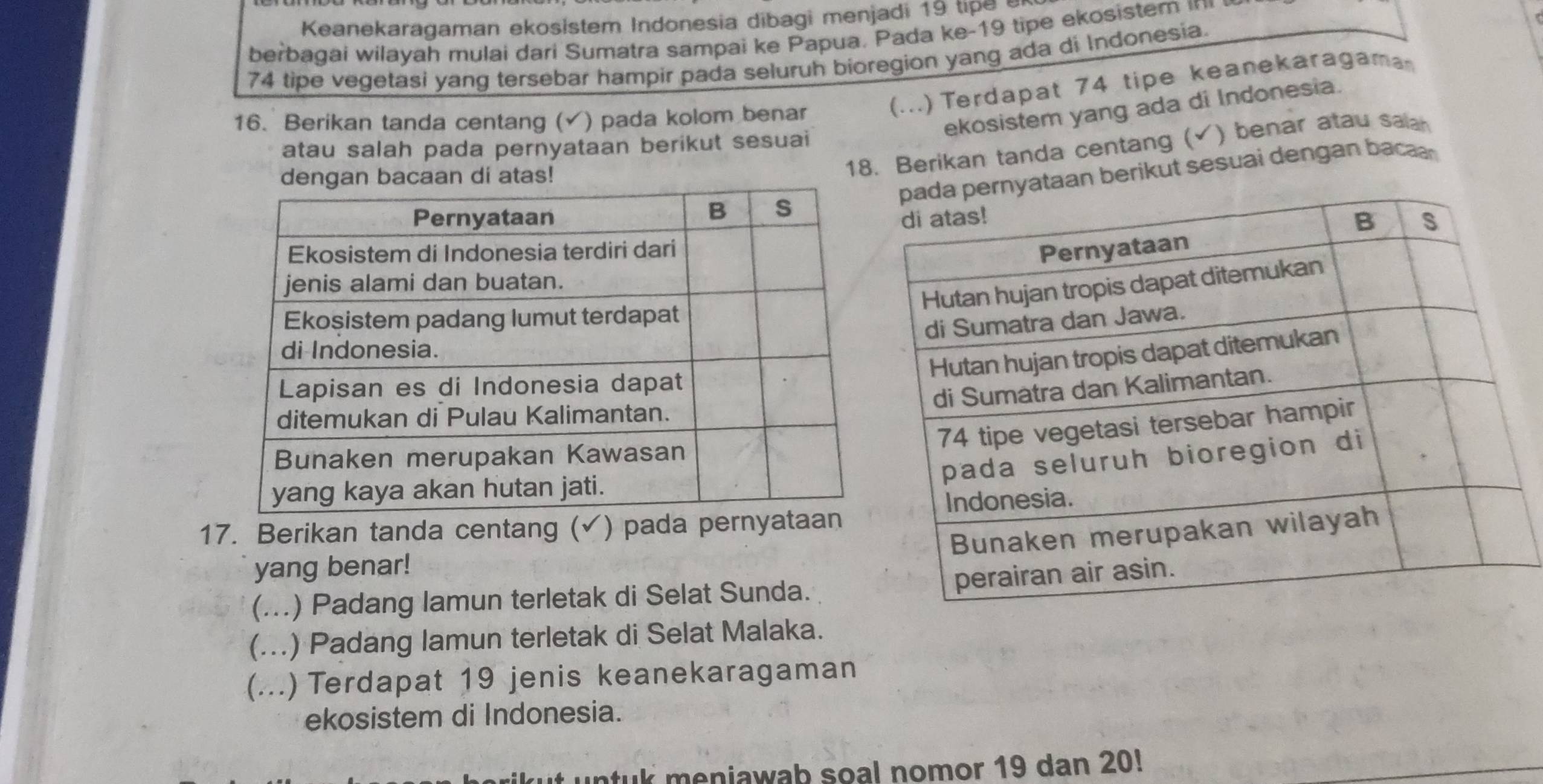 Keanekaragaman ekosistem Indonesia dibagi menjadi 19 tipe e 
berbagai wilayah mulai dari Sumatra sampai ke Papua. Pada ke- 19 tipe ekosistem =
74 tipe vegetasi yang tersebar hampir pada seluruh bioregion yang ada di Indonesia. 
16. Berikan tanda centang (√) pada kolom benar (...) Terdapat 74 tipe keanekaragama 
ekosistem yang ada di Indonesia. 
atau salah pada pernyataan berikut sesuai 
18. Berikan tanda centang (▲) benar atau salah 
ernyataan berikut sesuai dengan baca 
17. Berikan tanda centang (√) pada 
yang benar! 
(...) Padang lamun terletak di Selat Sunda. 
(...) Padang lamun terletak di Selat Malaka. 
(...) Terdapat 19 jenis keanekaragaman 
ekosistem di Indonesia. 
untuk meniawab soal nomor 19 dan 20!