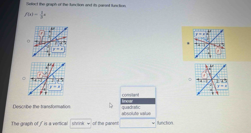 Solved: Select the graph of the function and its parent function. f(x ...