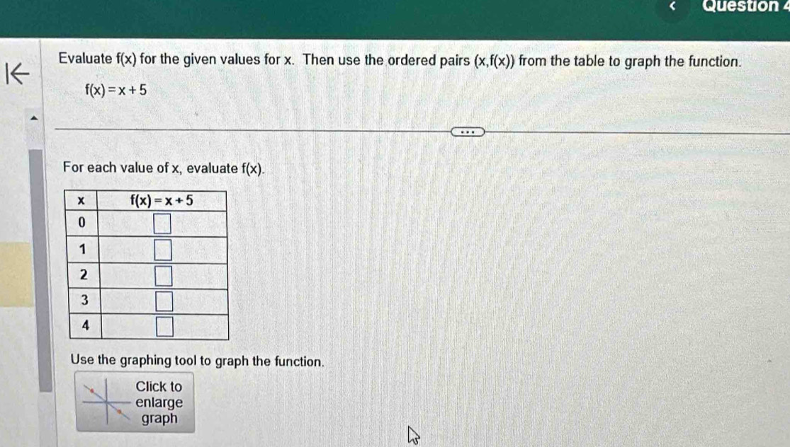 Question
Evaluate f(x) for the given values for x. Then use the ordered pairs (x,f(x)) from the table to graph the function.
f(x)=x+5
For each value of x, evaluate f(x).
Use the graphing tool to graph the function.
Click to
enlarge
graph