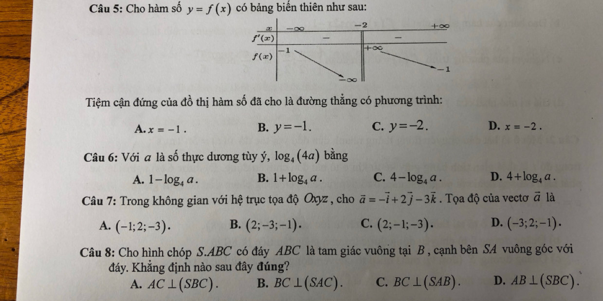 Cho hàm số y=f(x) có bảng biến thiên như sau:
Tiệm cận đứng của đồ thị hàm số đã cho là đường thẳng có phương trình:
A. x=-1.
B. y=-1. C. y=-2. D. x=-2.
Câu 6: Với a là số thực dương tùy ý, log _4(4a) bằng
A. 1-log _4a. B. 1+log _4a. C. 4-log _4a. D. 4+log _4a.
Câu 7: Trong không gian với hệ trục tọa độ Oxyz , cho vector a=-vector i+2vector j-3vector k.  Tọa độ của vectơ vector a là
A. (-1;2;-3). B. (2;-3;-1). C. (2;-1;-3). D. (-3;2;-1).
Câu 8: Cho hình chóp S.ABC có đáy ABC là tam giác vuông tại B , cạnh bên SA vuông góc với
đáy. Khẳng định nào sau đây đúng?
A. AC⊥ (SBC). B. BC⊥ (SAC). C. BC⊥ (SAB). D. AB⊥ (SBC).