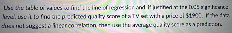 Use the table of values to find the line of regression and, if justified at the 0.05 significance 
level, use it to find the predicted quality score of a TV set with a price of $1900. If the data 
does not suggest a linear correlation, then use the average quality score as a prediction.