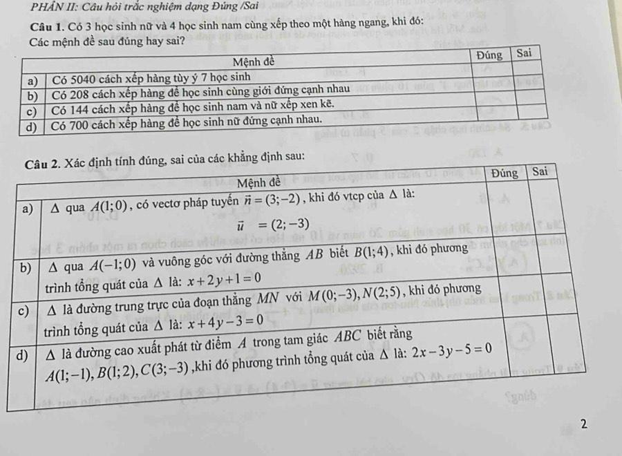 PHÂN II: Câu hỏi trắc nghiệm dạng Đúng /Sai
Câu 1. Có 3 học sinh nữ và 4 học sinh nam cùng xếp theo một hàng ngang, khi đó:
Các mệnh đề sau đúng hay sai?
khẳng định sau:
2