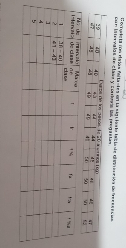 Completa los datos faltantes en la siguiente tabla de distribución de frecuencias 
con intervalos de clase y contesta las preguntas.