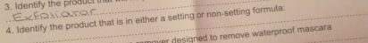 Identify the producl 
4. Identify the product that is in either a setting or non-setting formula: 
nver designed to remove waterproof mascara.