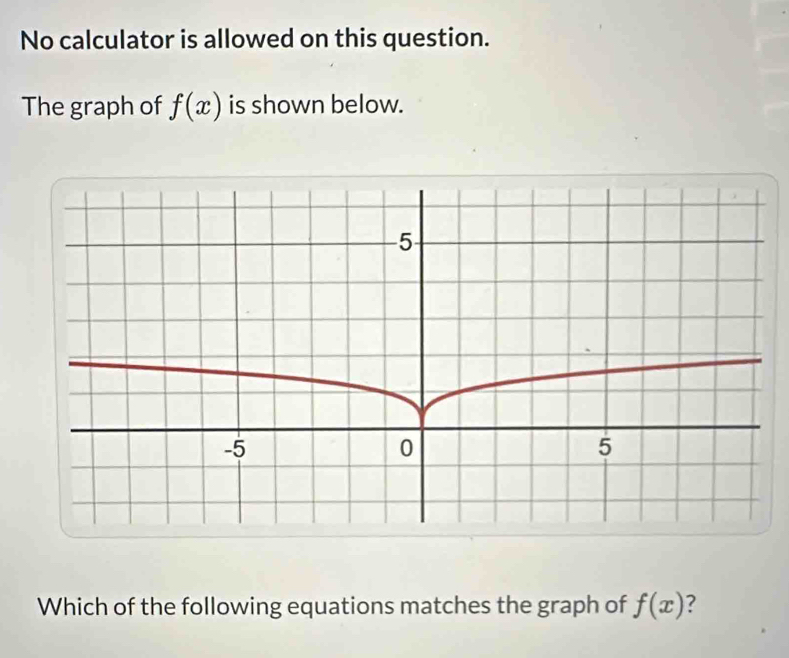 No calculator is allowed on this question. 
The graph of f(x) is shown below. 
Which of the following equations matches the graph of f(x) ?