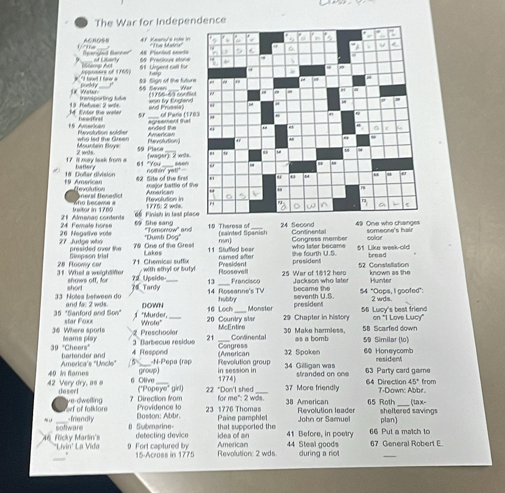 The War for Independence
AC ROS0  A7 Kaandä 1669 in
Vine 'The Matr' 
Rpengled Banner A# Plaried seada
of Liberly 99 Precious stone
tamp 661
Spposers of 1769 91  Ungant sull for
help
"I taw! I taw s §3 Sign of the future
puddy to
1× Waler_ 55 Seven_ Hut
transporting lube (1756-63 conflies
13 Refuse: 2 wds. and Prussia) won by England
14 Enter the weler 97 _ of Paris (178
headfiral agreement that
19 Amorican ended the 
Revolution soldier American
who led the Green Revolution)
Mountain Boya
2 was. 59 Place
(wager): 2 wds.
17 It may leak from a 61 'You 56
1# Dollar division nothin' yet!"
ballery
19 American 62 Site of the first
major battle of the
Revolution Anerican
neral Benedict
who became a Revolution in
Iraitor in 1780 1775; 2 wds.
21 Almanac contents 6 Finish in last plac
24 Female horse 69 She sang 10 Theresa of_ 24 Second 49 One who changes
'''Tomorrow''' and (sainted Spanish
26 Negative vote "Dumb Dog" Continental someone's hair
27 Judge who 70 One of the Great nun) Congress member color
presided over the who later became
Simpson trial Lakes 11 Stuffed bear the fourth U.S. 51 Like wesk-old bread
20 Roomy car 71 Chemical suffix President named after president 52 Constellation
31 What a weightlifter with ethyl or butyl Roosevelt 25 War of 1812 hero known as the
shows off, for 72 Upside- 13 Francisco
short 74 Tardy __Jackson who later Hunter
33 Notes between do 14 Roseanne's TV became the 54 "Oops, I goofed":
hubby seventh U.S. 2 wds.
and fa: 2 wds. DOWN
35 "Sanford and Son" "Murder,_ 16 Loch_ Monster president 56 Lucy's best friend
star Foxx Wrote" 20 Country star 29 Chapter in history on "I Love Lucy"
36 Where sports  Preschooler 21 McEntire 30 Make harmless, 58 Scarfed down
teams play 3 Barbecue residue Congress Continental as a bomb 59 Similar (lo)
39 ''Cheers'' 4 Respond (American 32 Spoken 60 Honeycomb
bartender and
America’s "Uncle” B -N-Pepa (rạp Revolution group resident
40 In flames group) in session in 34 Gilligan was stranded on one 63 Party card game
42 Very dry, as e 6 Olive_ 1774) 64 Direction 45° from
deserl ("Popeye" girl) 22 “Don't shed_ 37 More friendly 7-Down: Abbr.
ye-dwelling 7 Direction from for me": 2 wds. 38 American 65 Roth
arf of folklore Providence to 23 1776 Thomas Revolution leader sheltered savings (lax-
_friendly Boston: Abbr. Paine pamphlet John or Samuel plan)
software 8 Submarine that supported the
46 Ricky Marlin's detecting device idea of an 41 Before, in poetry 66 Put a match to
Livin' La Vida 9 Fort captured by American 44 Steal goods 67 General Robert E
_
15-Across in 1775 Revolution: 2 wds. during a riot
_