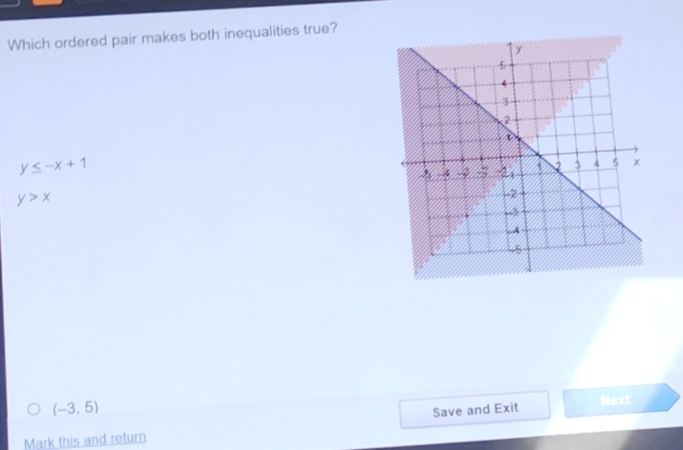 Which ordered pair makes both inequalities true?
y≤ -x+1
y>x
(-3,5)
Save and Exit Next
Mark this and return