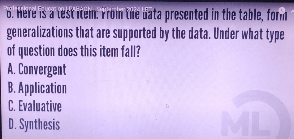 Here is a test item. From the data presented in the table, form
generalizations that are supported by the data. Under what type
of question does this item fall?
A. Convergent
B. Application
C. Evaluative
D. Synthesis