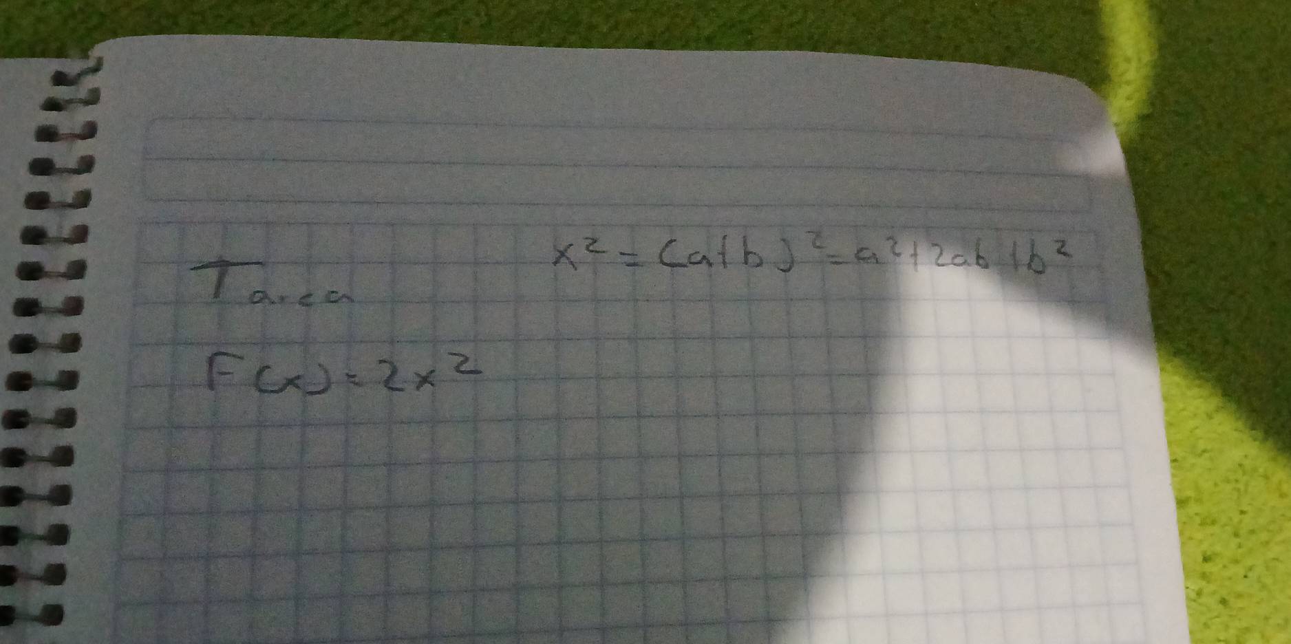 Tarea
x^2=(a+b)^2=a^2+2ab+b^2
F(x)=2x^2