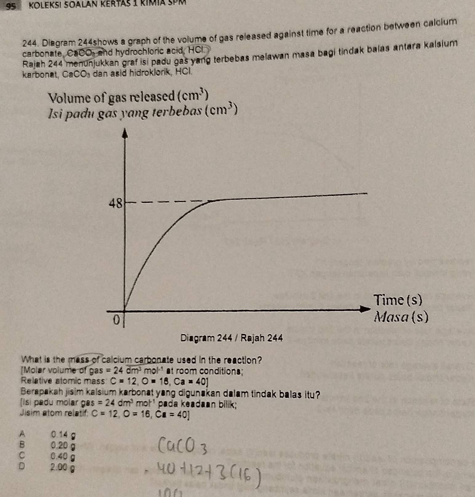 KOLEKSı SOALaN KERtaš 1 kimía SPM
244. Diagram 244shows a graph of the volume of gas released against time for a reaction between calclum
carbonate, CaCO, and hydrochloric acid, HCl.
Rajah 244 menunjukkan graf isi padu gas yang terbebas melawan masa bagi tindak balas antara kalaium
karbonat CaCO_3 dan asid hidroklorik, HCl.
Volume of gas released (cm^3)
Isi padu gas yang terbebas (cm^3)
What is the mass of calcium carbonate used in the reaction?
[Molar volume of gas =24dm^3mol^(-1) at room conditions;
Relative atomic mass C=12, O=16, Ca=40]
Berapakah jisim kalsium karbonat yang digunakan dalam tindak balas itu?
(Isi padu molar g 5 =24dm^3 mol^(-1) pada keadaan bilik;
Jisim atom relatif: C=12, O=16, C=40]
A 0.14
B 0.20
C 0.40
D 2.00