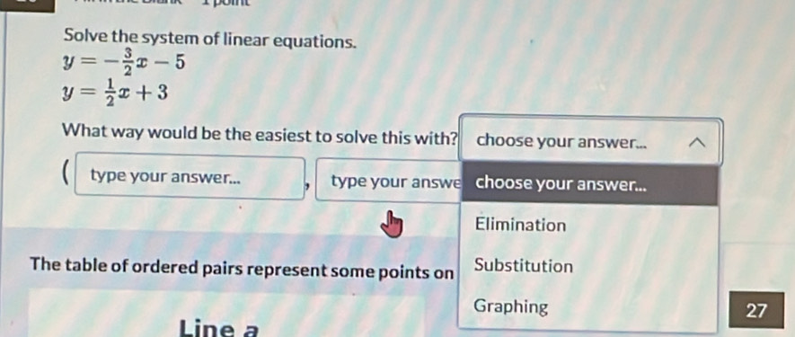 Solve the system of linear equations.
y=- 3/2 x-5
y= 1/2 x+3
What way would be the easiest to solve this with? choose your answer...
type your answer... , type your answe choose your answer...
Elimination
The table of ordered pairs represent some points on Substitution
Graphing 27
Line a