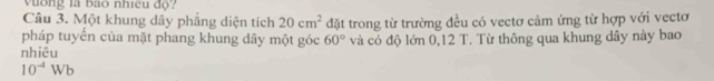Vường là bao nhiều độ? 
Câu 3. Một khung dây phẳng diện tích 20cm^2
pháp tuyến của mặt phang khung dây một góc 60° đặt trong từ trường đều có vectơ cảm ứng từ hợp với vectơ 
nhiêu và có độ lớn 0,12 T. Từ thông qua khung dây này bao
10^(-4)Wb