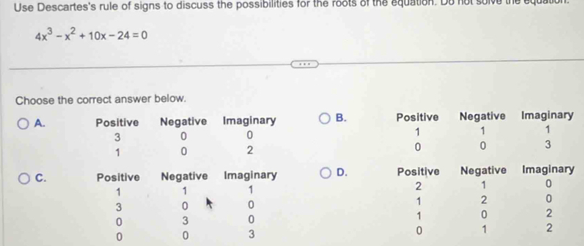 Use Descartes's rule of signs to discuss the possibilities for the roots of the equation. Do not solve the equation
4x^3-x^2+10x-24=0
Choose the correct answer below. 
A.B. 


C. D.