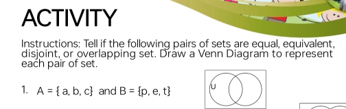 ACTIVITY 
Instructions: Tell if the following pairs of sets are equal, equivalent, 
disjoint, or overlapping set. Draw a Venn Diagram to represent 
each pair of set. 
1. A= a,b,c and B= p,e,t U