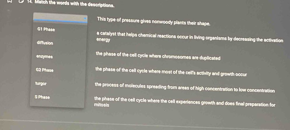 Match the words with the descriptions.
This type of pressure gives nonwoody plants their shape.
G1 Phase a catalyst that helps chemical reactions occur in living organisms by decreasing the activation
diffusion
energy
enzymes
the phase of the cell cycle where chromosomes are duplicated
G2 Phase the phase of the cell cycle where most of the cell's activity and growth occur
turgor the process of molecules spreading from areas of high concentration to low concentration
S Phase the phase of the cell cycle where the cell experiences growth and does final preparation for
mitosis