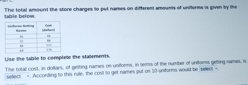 The total amount the store charges to put names on different amounts of uniforms is given by the 
table below. 
Use the table to complete the statements. 
The total cost, in dollars, of getting names on uniforms, in terms of the number of uniforms getting names, is 
select ~. According to this rule, the cost to get names put on 10 uniforms would be select ~.